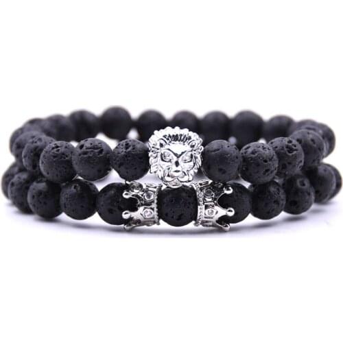 2 Pieces/Set Of Luxury Lion Head And CZ Crown Mens Charm Bracelet 8MM Natural Lava Stone Head Bracelet Mens Couple Gift