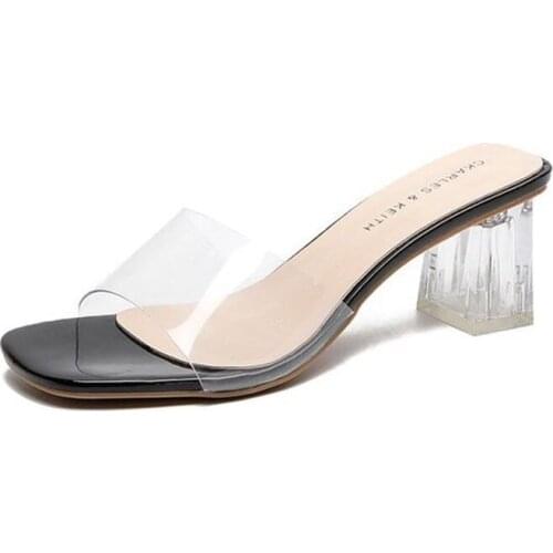 2020 NEW Elegant Women’s Slides With Crystal And Thick Heels EUR 35-39 Transparent Ties For Lady‘s Slipper With 3 colors