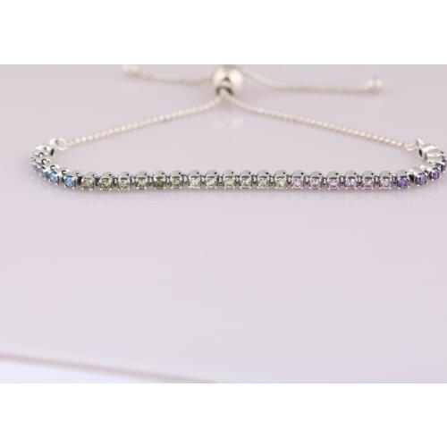 Authentic 925 Sterling Silver Multi-Color Rainbow Sparkling Strand Bracelet With Crystal Bracelet Bangle fit Lady Jewelry