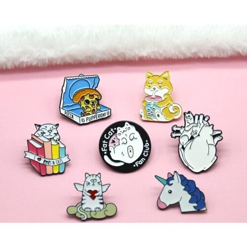 New cartoon cat book enamel metal brooch creative pizza dog tai chi pin badge fashion fun lapel backpack jewelry gift