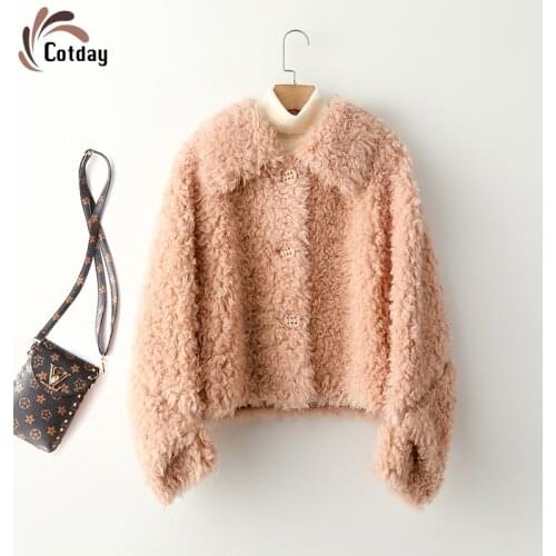 Cotday Short Lamb Fur Single Breasted Good Quality Leisure Winter 2021 New Women Pocket Female Wool Outerwear Fur Coat