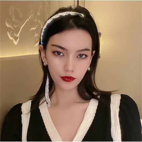 FYUAN New Style Long Tassel Asymmetry Rhinestone Headband for Women Black Velvet HairClip Wedding Hair Accessories Jewelry