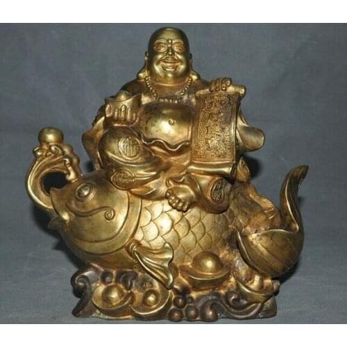 China Buddhism Temple bronze gilt Ride Fish Wealth Money Maitreya Buddha Statue