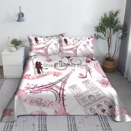 Pink Paris Eiffel Tower Bed Sheet Set 3D Printed Bed Flat Sheet With Pillowcase Bed Linen King Queen Size