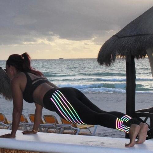 Summer Women Leggings High Waist Glowing Fitness Rainbow Reflective Laser Stripe Printing Leggins Woman Pants Workout Legging