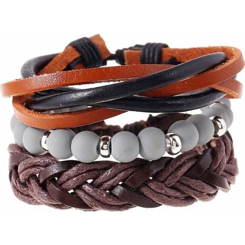 Trendy Vintage Woven Punk DIY 3 Pcs/set Beads Wrap Brown Men Genuine Leather Bracelets For Women Homme Femme Jewelry Accessories