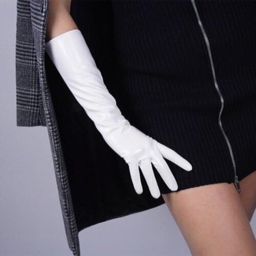 Fashion lady Patent Leather Gloves Women Bright white Long PU Simulation Leather Bright Leather Mirror Style 40cm B77