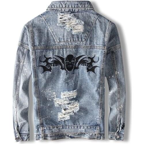 New Mens Trendy Personality Denim Jacket Ripped Beggar Jacket Skull Embroidered Denim Jacket Coat Spring/Autumn Plus Size XXL