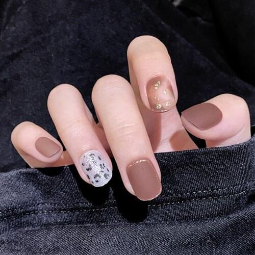 24pcs Dark Brown Fake Nail Patch Glue Type Short Paragraph Fashion Manicure Save Time False Nail press on with designs for girls