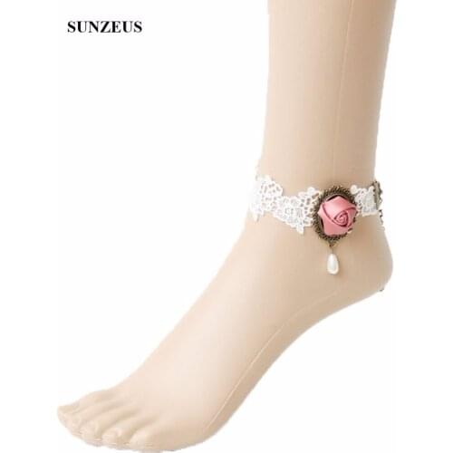 Ivory Lace Wear Anklet Bridal Gloves With Pink Flowers Foot Bracelet For Brides Party Accessory FI026
