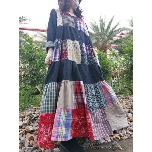 Original Retro Literary Chinese Style Floral Patchwork Loose Long Sleeve Large Hem Dress Casual Dresses