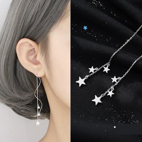S925 Silver Plate Stars Tassel Long Chain Threader Earrings Simple Dainty Women Girls Twisted Wave Delicate Fashion Earring