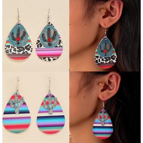 Mixed Leopard Stripe Print PU Leather Teardrop Metal Turquoise Cactus Drop Earrings for Women 2021 Summer Boho Earrings Jewelry