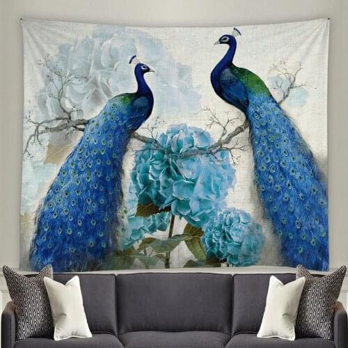 GCTNBJL Tapestries of Textile Water Color Blue Peacocks Blue Pink Flower Living Room Bedroom Wall Decor Cloth Tapestry