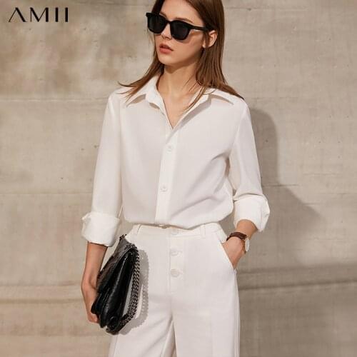 Amii Minimalism Spring Offical Lady Womens Blouse Causal Solid Loose Womens Shirt Tops Solid Buttons Womens Pants 12130055