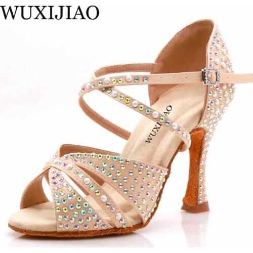 WUXIJIAO Brand Latin Dance Shoes Pearl Series Dance Shoes Salsa Womens Ballroom Dance Shoes Kuba Heel
