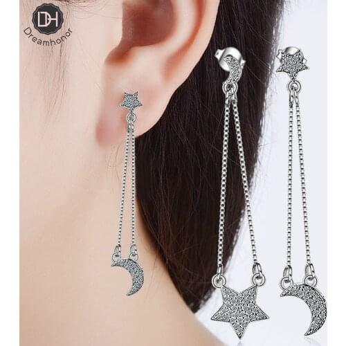 Dreamhonor 925 Sterling Silver Earrings Womens Korean Fashion Asymmetrical Star Moon Long Tassel Earrings Jewelry Party Gift