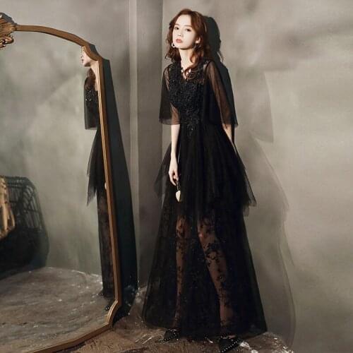 Ladies Black V-neck Beading Prom Dresses Long A-line Tulle Formal Evening Party Gowns Vestido De Festa