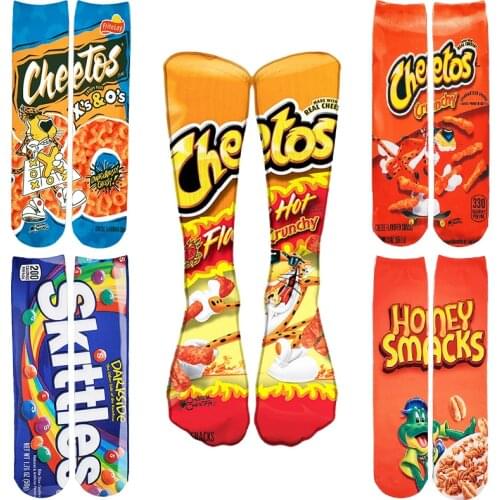 3D Printing Funny Socks Men and Women Unisex Cotton Socks Potato Chips Chocolate Candy Packing Harajuku Long Socks Woman