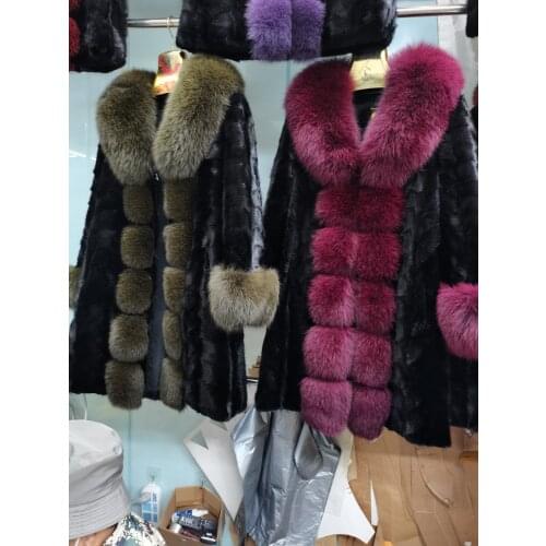 2021 ladies mink fur coat imported mink fur front legs crescent shape matching imported fox fur warm and comfortable long coat