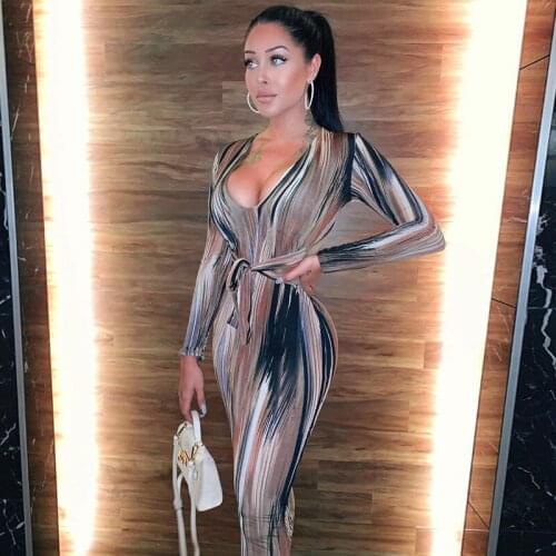 Tie dye print women midi dress long sleeve bodycon sexy bandage bodycon sexy 2019 autumn winter clothes party dinner