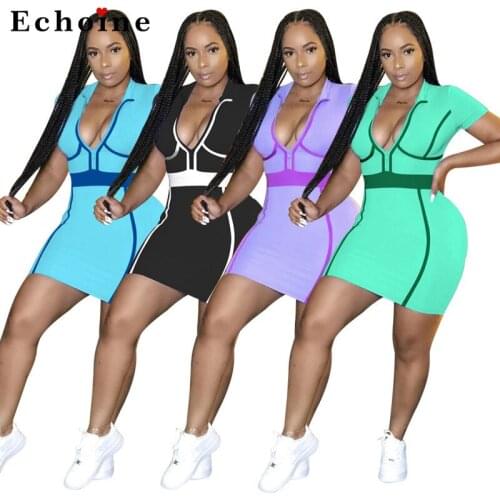 Women Dress Side Stripes Printed Tight Sexy Bodycon Multi-Color Contrasting Nightclub Zip Short Sleeve Elegant Ladies Vestidos