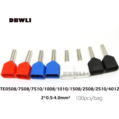 100Pcs Double Cord Terminal Copper Insulated Crimp terminal TE 0508/ 7508/ 7510/ 1008 /11508 /2508/2510/4009 Wires 2x0.5-4.0mm2
