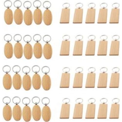 40 Pcs Blank Wooden Key Chain DIY Wood Keychains Key Tags Gifts,20 Pcs Oval & 20 Pcs Square