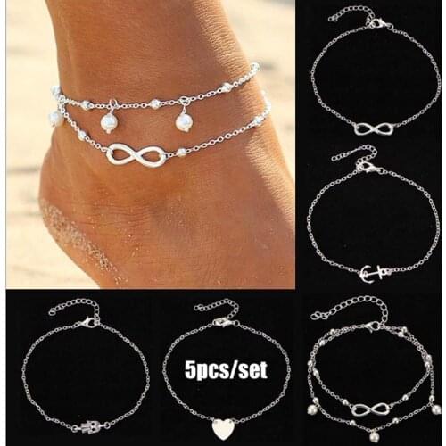 5Pcs 1pcs set Retro Pearl Heart Infinity Ankle Anklet Bracelet Bohemia Foot Beach Anklets Women Fashion Barefoot Chain Jewelry