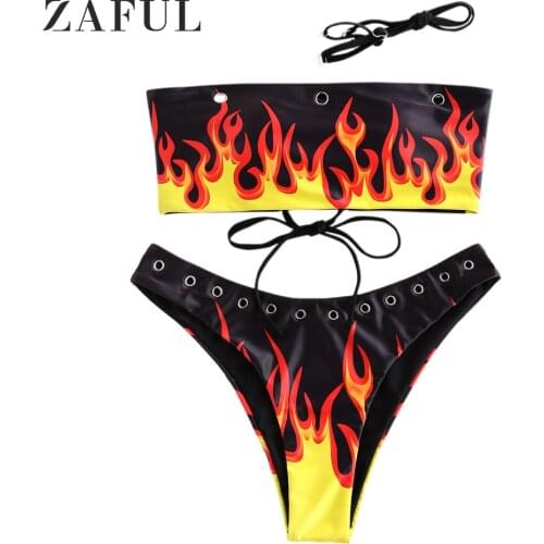 ZAFUL Women Lace-up Bandeau Bikini Set Strapless Sexy Swimsuit Flame Print Grommets Ladies Swimwear String Padded Bathing Suit