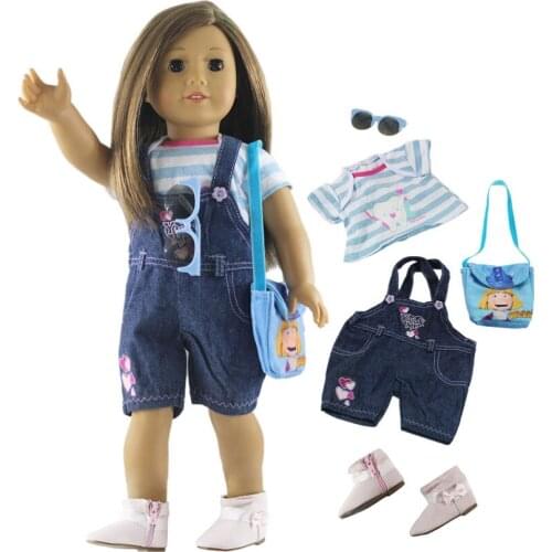Denim Casual clothing Doll Clothes for 18 inch American Doll Handmade T-shirts+Suspenders