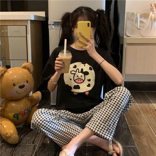 Girls Sleepwear Sets Summer Pajamas for Women Korean Cute Cow Print Pyjamas Plaid Pants 2 Piece Home Suit Plus Size Loose Pijama
