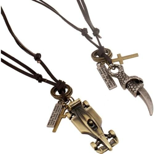 Fashion Punk Men Vintage Long Necklace Alloy Cross Pendants Racing Car Claw Genuine Leather Chain Statement Charm Choker Jewelry