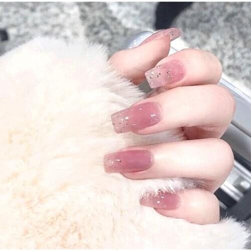 24pcs/Set Middle Long Pink False Nails Square Head Foils Decal Artificial Full Nail Art Tips with Glue Nail Accessory Fake Nails