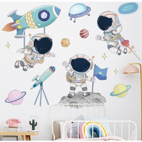 Cartoon Space Astronaut Wall Stickers DIY Removable PVC Wall Decals for Kids Room Nursery Bedroom Background Mural Wallpaper