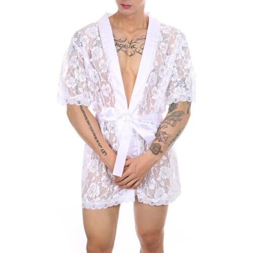 Sexy Men Lace Nightgown With Thong Mesh Printed Transparent Long Robes Beach Bathrobe Dressing Gown