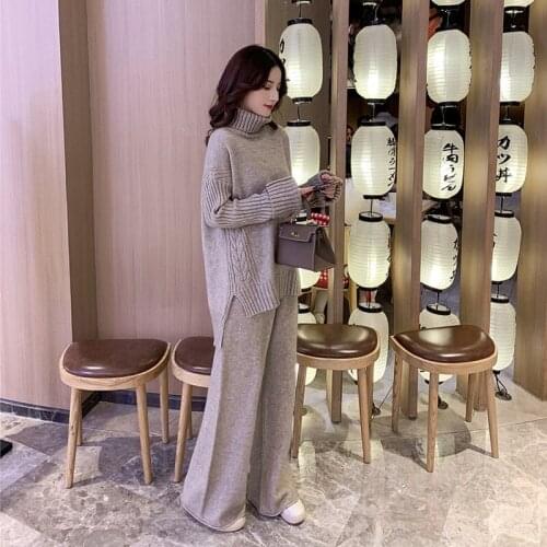 2020 Autumn and Winter New Lazy Wind Loose Turtleneck Sweater Suit Womens Western Style Fashion Wide-Leg Pants Two-Piece Suit