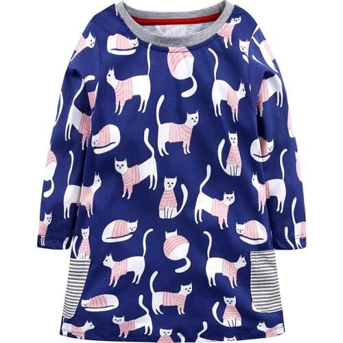 Baby Girls Dress 100% Cotton Girl One-Piece Dresses Clothes Knee Length Girls Blouse Cat Print Outfit Jumper 1 2 3 4 5 6 7 Year
