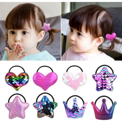 2pcs Sequin Star Heart Crown Elastic Hair Bands for Girls Baby Kids Scrunchies Gum Tie Ponytail Holder Children Hair Accessories