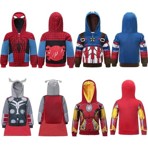 Marvel Sweatshirt Hulk Spider-Man Captain America Avengers Sweater Cartoon Top Zipper Hoodie Childrens Clothes Jacket
