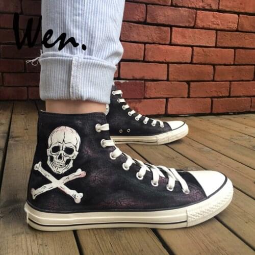 Wen Hand Painted Shoes Design Custom Pirates Horrible Skull Men Womens Black High Top Canvas Sneakers Lace up Platform Plimsoll