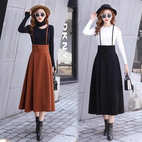 Womens Clothing 2018 Woolen Suspender Skirt High Waist Was Thin In The Long Skirt Section Thick A-line Skirt Women