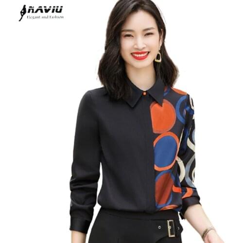 Black Shirt Women 2021 New Autumn Fashion Long Sleeve Printed Design High End Formal Chiffon Blouses Office Ladies Work Tops