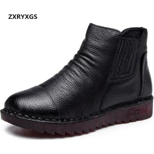 Hot 2019 New Handmade Genuine Leather Shoes Women Boots Plus Velvet Warm Snow Boots Flat Soft Bottom Non-slip Women Shoes Boots