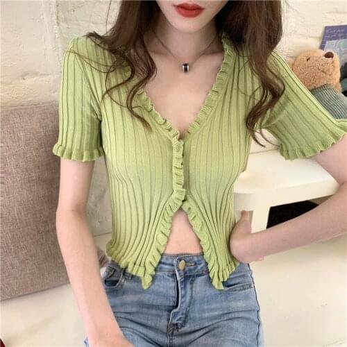 Women Fashion Knitting Sweet Ruffles T-shirts Crop Tops Lady Short Sleeve Sexy Cropped Tshirt Cardigan For Girls