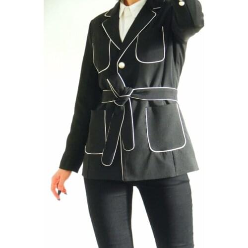 Spring Fall Hit Color Pearl Button Pocket Long Fasten Strip Women Office Lady Female High End Suit Black Jacket Coat For Women