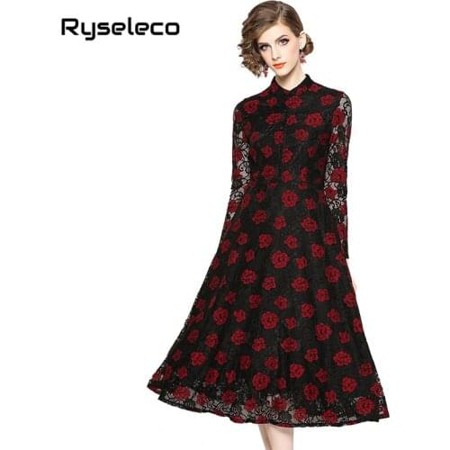 Women Long Sleeve Lace Dress Winter Office Lady Quality Elegant Crochet Button Up Ruffle Floral Crochet A-line Party Flare Dress