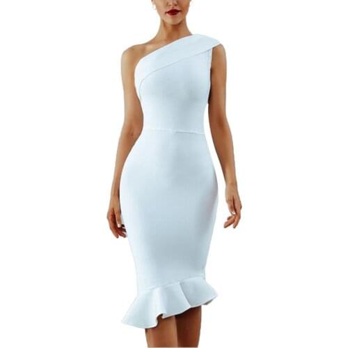 40%HOT Women Sexy Solid Color Sleeveless One Shoulder Fish Tail Hem Bodycon Midi Dress