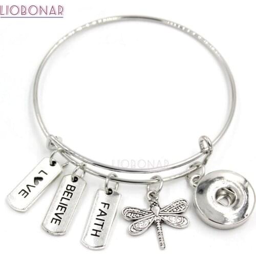 1PC Women Bracelet 18mm Snap Jewelry Dragonfly Bracelet Believe Faith Charm Bracelets Inspiration Bangle Snap Bracelets Gifts
