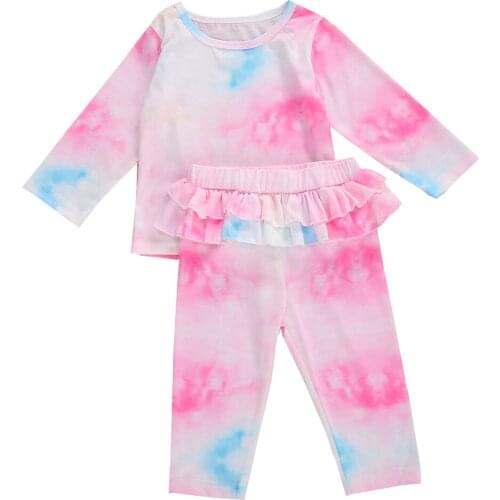 2Pcs Infant Tie-dye Outfits Toddler Long Sleeve Pullover Tops Shirt Double Ruffle Trousers Colorful Fashion Clothes6M-4T